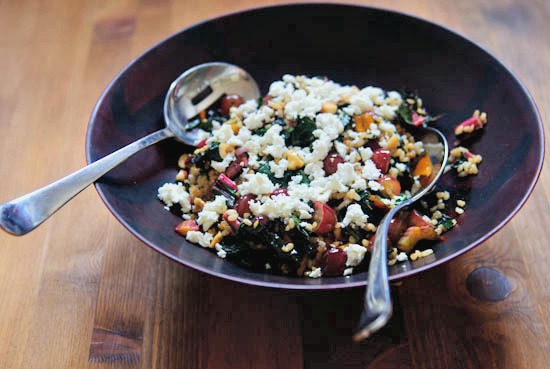 brown rice salad with chard and grapes